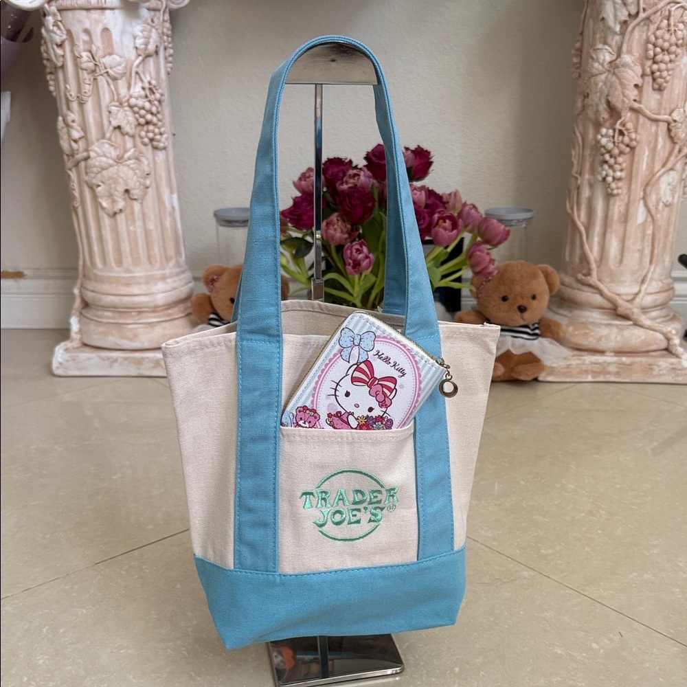 Blue & Cream Canvas Tote Bag with Coin Purse Matching